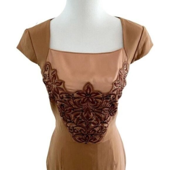 Antonio Melani Cap Sleeve Square Neck Beaded Bodice Copper Sheath Dress Size 2 - Picture 2 of 8